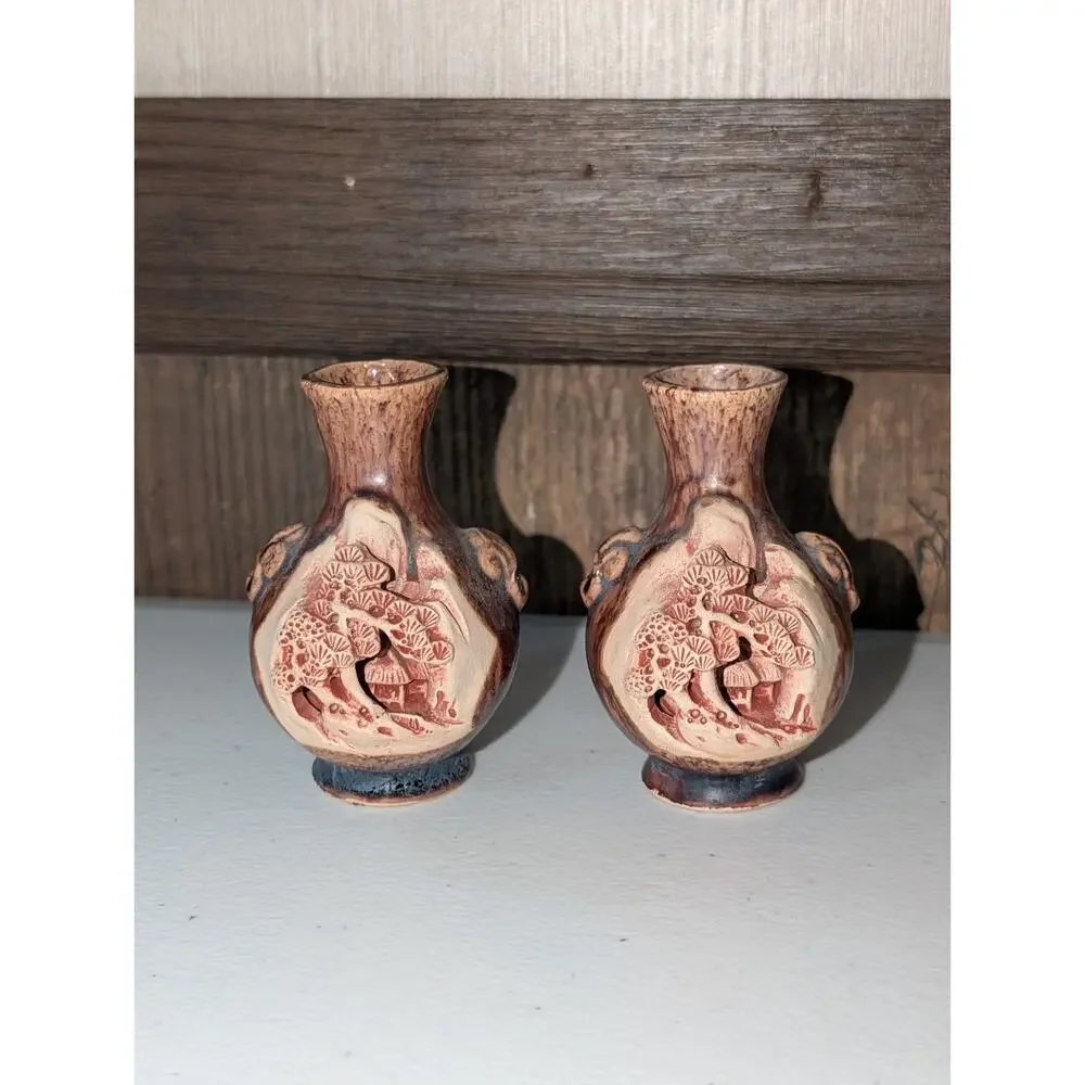 Vintage Japanese Banko Ware Mini Vases Pair Hand Carved 3D Relief Clay Pottery